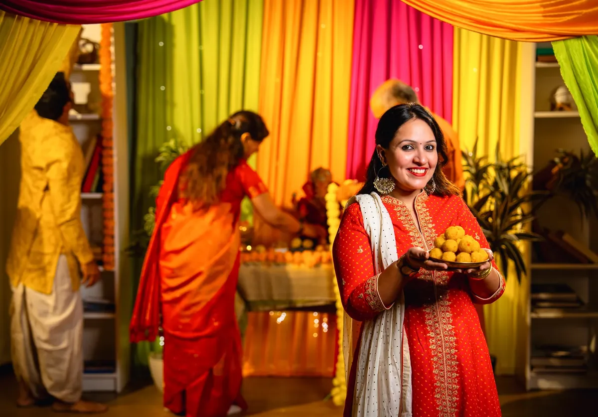 A smiling woman in a red embroidered kurta holds a small plate of yellow round sweets in a room hung with colourful drapes