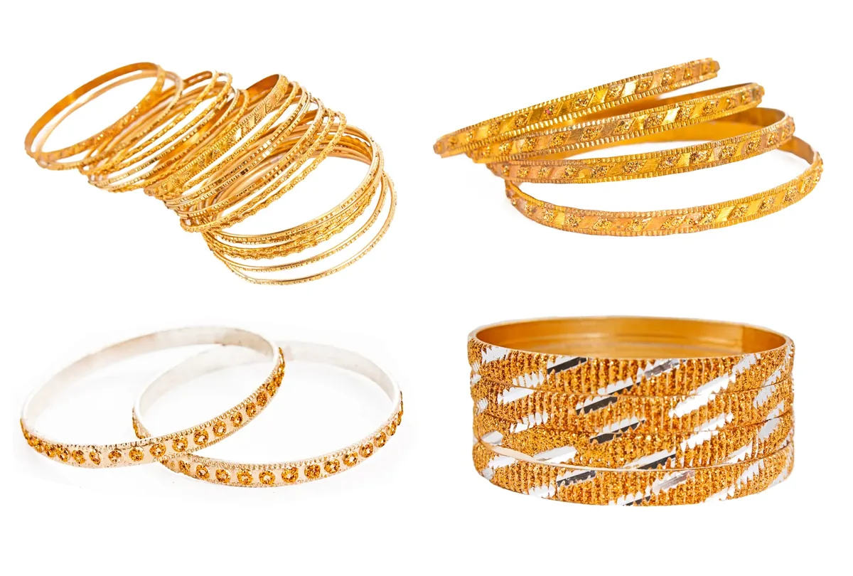 Sets of gold-toned and silver-toned bangles with patterned finishes arranged on a white background